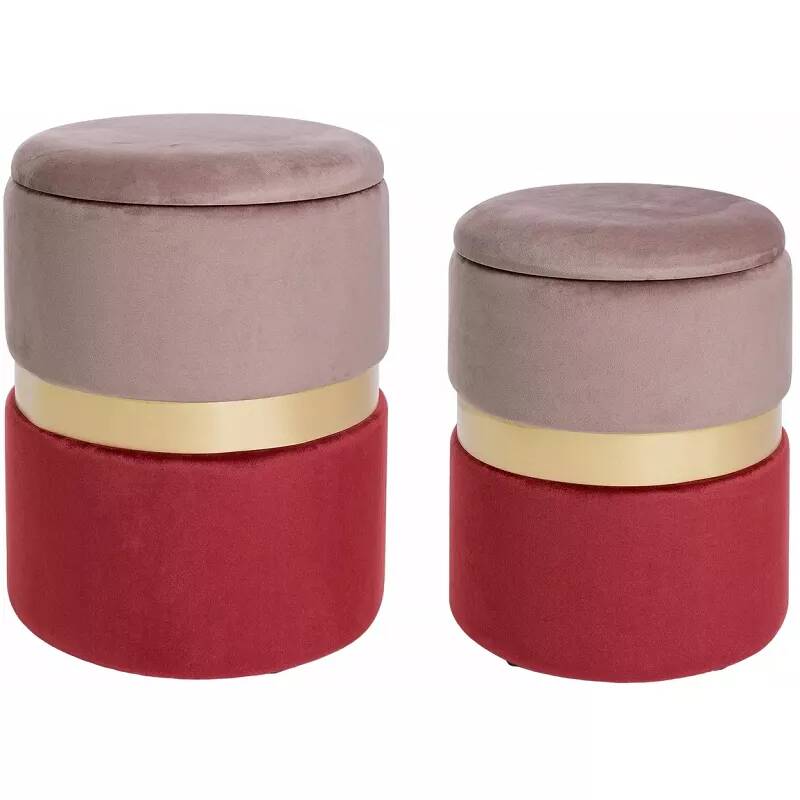 Set de 2 poufs coffre en velours rose et rouge