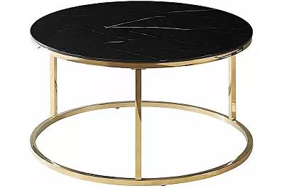 Table basse design en verre aspect marbre noir et acier doré