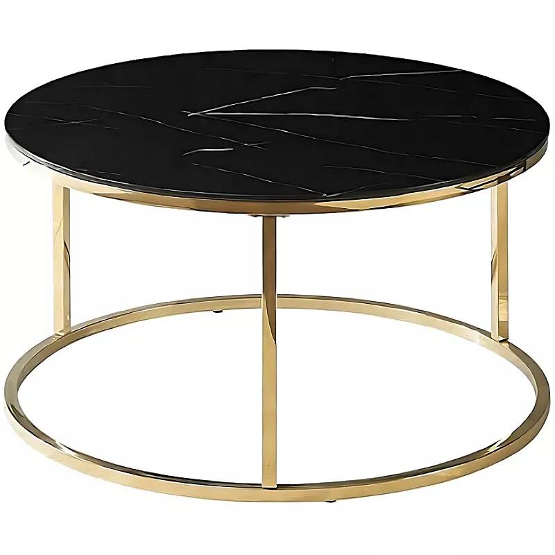 Table basse design en verre aspect marbre noir et acier doré