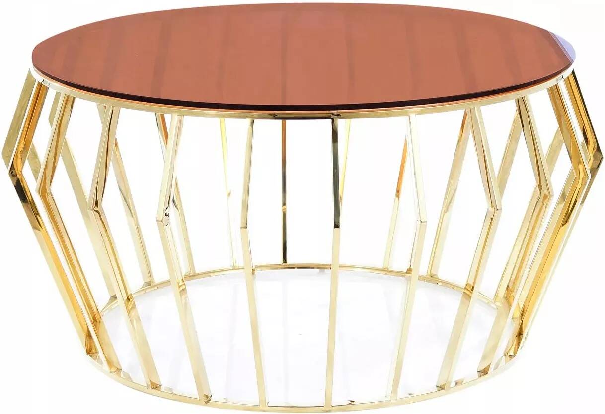 Table basse design en verre ambre et acier doré