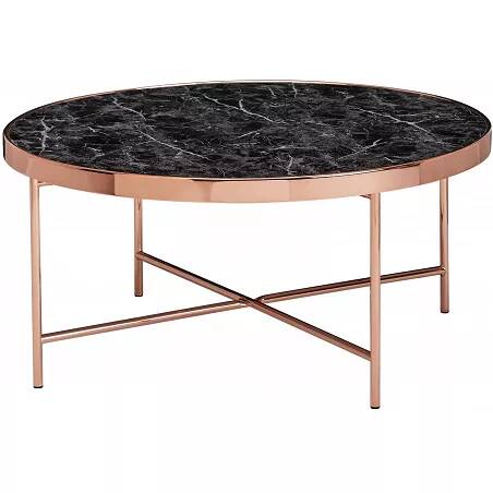 Table basse design en verre aspect marbre noir et acier cuivré