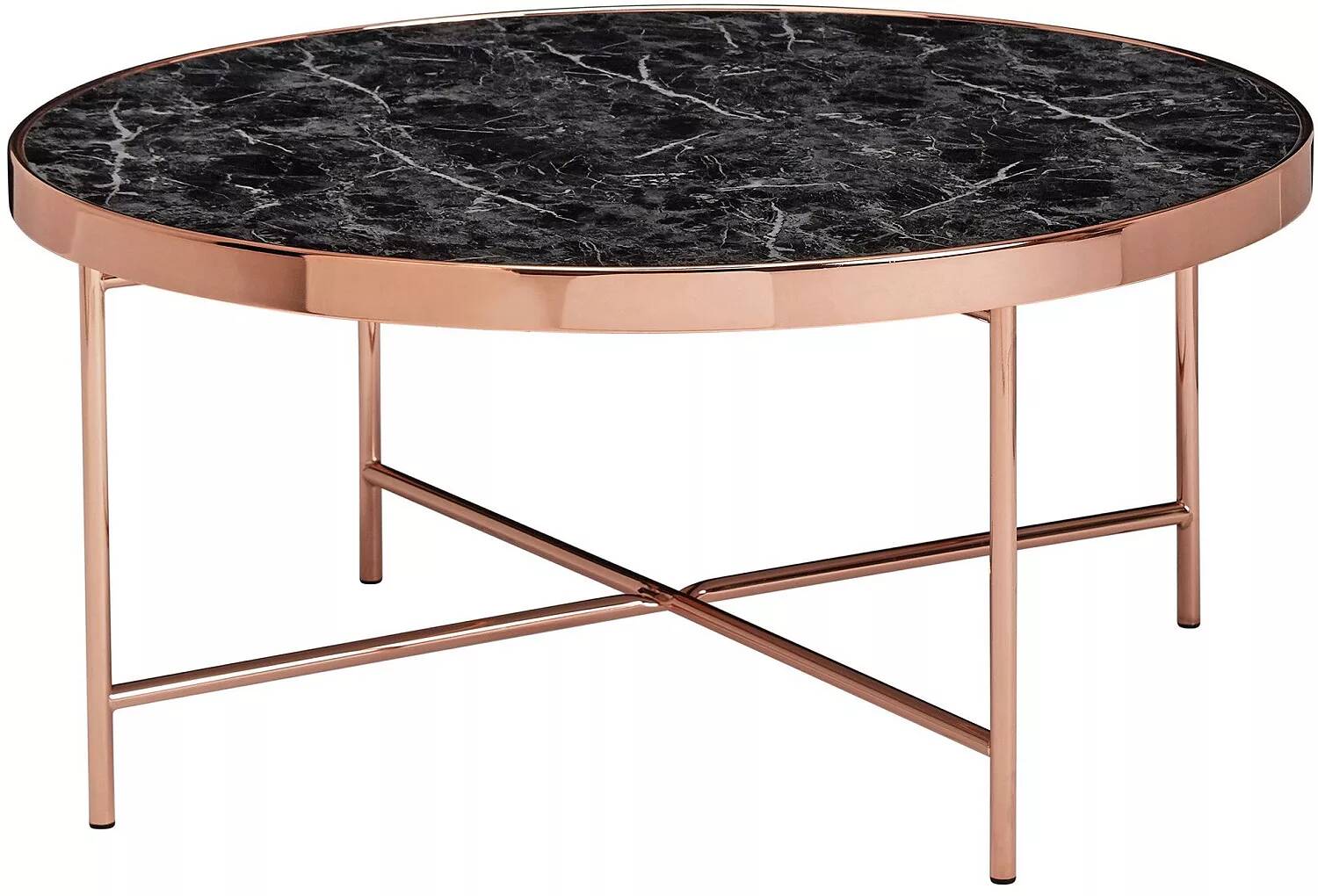 Table basse design en verre aspect marbre noir et acier cuivré
