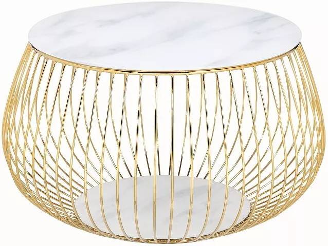 Table basse design en verre aspect marbre blanc et métal doré Ø72