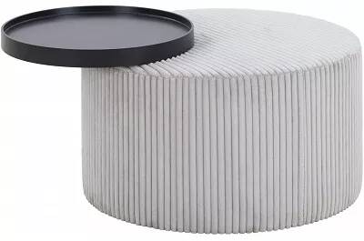 Table basse design en tissu texturé gris et plateau noir Ø70