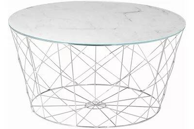 Table basse design en verre aspect marbre blanc et métal chromé Ø80