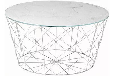 Table basse design en verre aspect marbre blanc et métal chromé Ø80