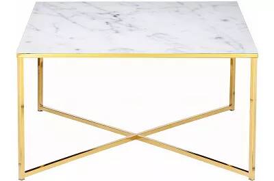 Table basse en verre aspect marbre blanc et métal doré