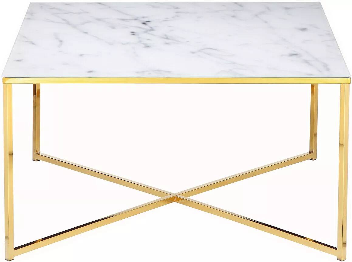 Table basse en verre aspect marbre blanc et métal doré