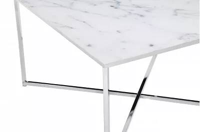 Table basse en verre aspect marbre blanc et métal chromé