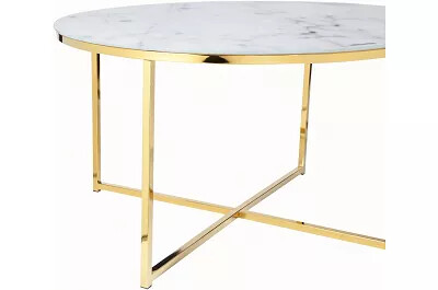 Table basse en verre aspect marbre blanc et métal doré Ø80