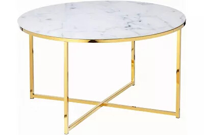 Table basse en verre aspect marbre blanc et métal doré Ø80