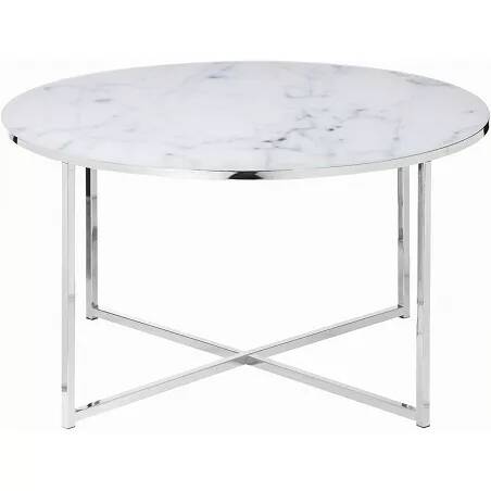 Table basse en verre aspect marbre blanc et métal chromé Ø80