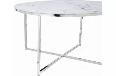 Table basse en verre aspect marbre blanc et métal chromé Ø80