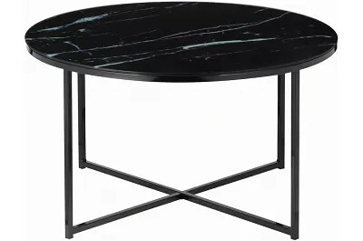 Table basse en verre aspect marbre noir et métal noir Ø80