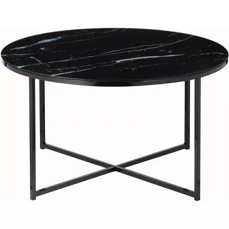 Table basse en verre aspect marbre noir et métal noir Ø80