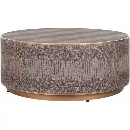 Table basse design en similicuir taupe et métal doré Ø100