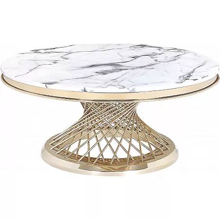 Table basse design aspect marbre blanc et acier doré Ø100