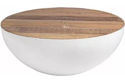 Table basse en acier blanc et bois recyclé Ø90
