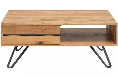Table basse en bois massif chêne huilé et métal anthracite 2 tiroirs
