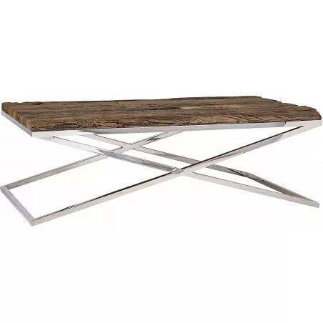 Table basse design en bois recyclé et acier chromé
