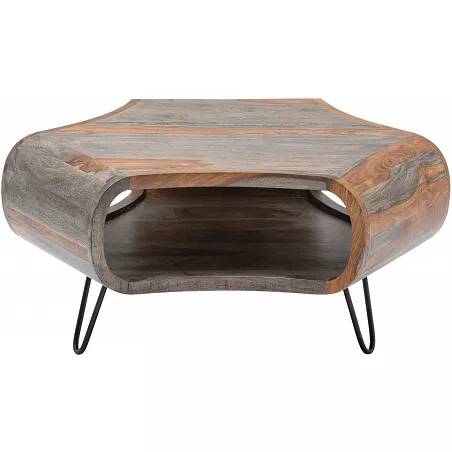 Table basse en bois massif sheesham gris fumé et métal noir