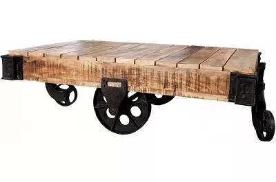 Table basse en bois massif manguier avec 4 roues