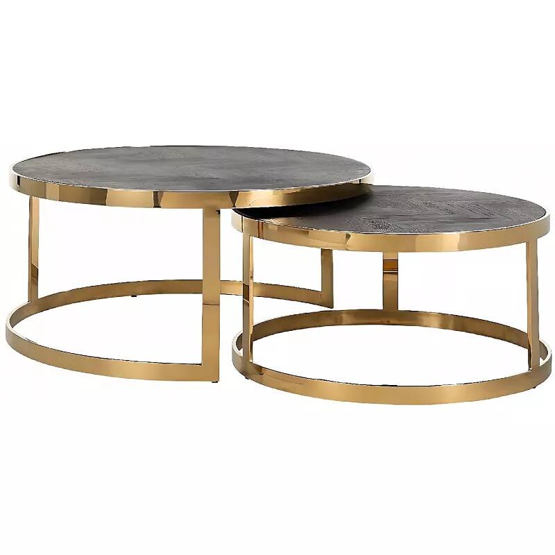 Set de 2 tables basses gigognes en bois chêne noir et acier doré