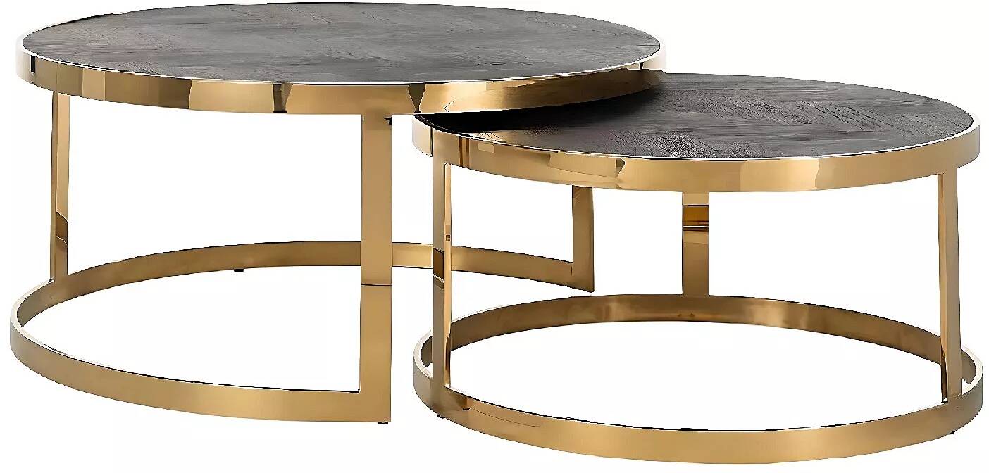Set de 2 tables basses gigognes en bois chêne noir et acier doré