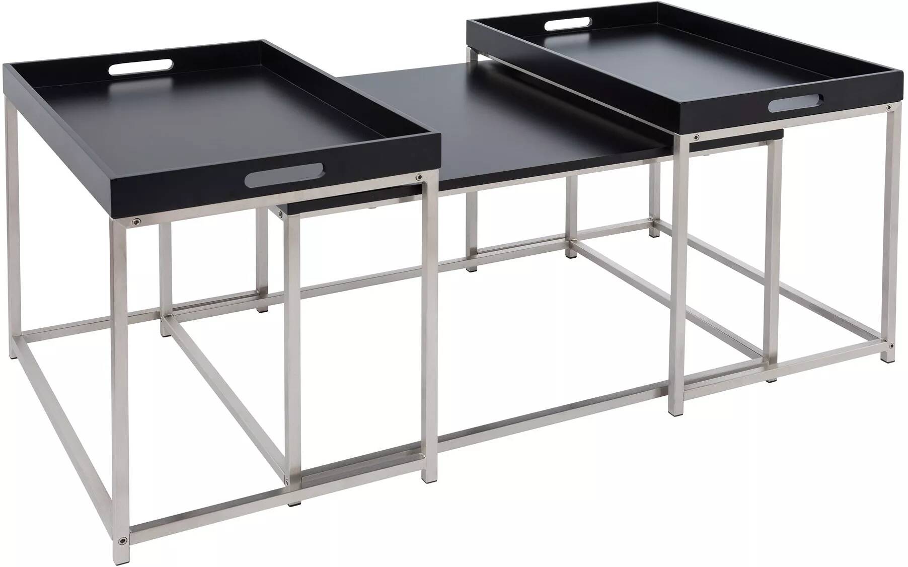 Set de 3 tables basses gigognes avec plateaux amovibles en bois noir et acier chromé