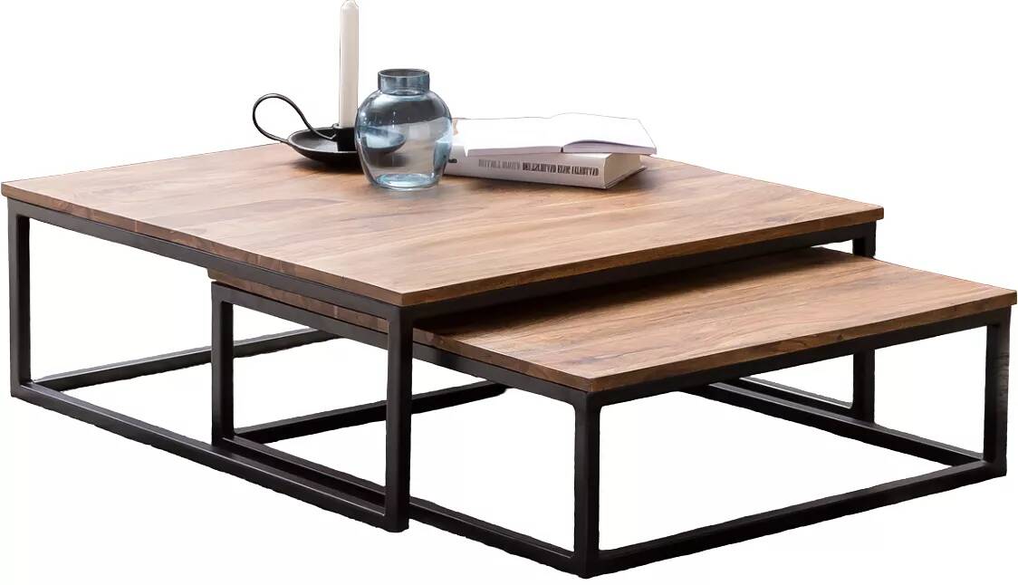 Set de 2 tables basses gigognes en bois massif sheesham et métal noir