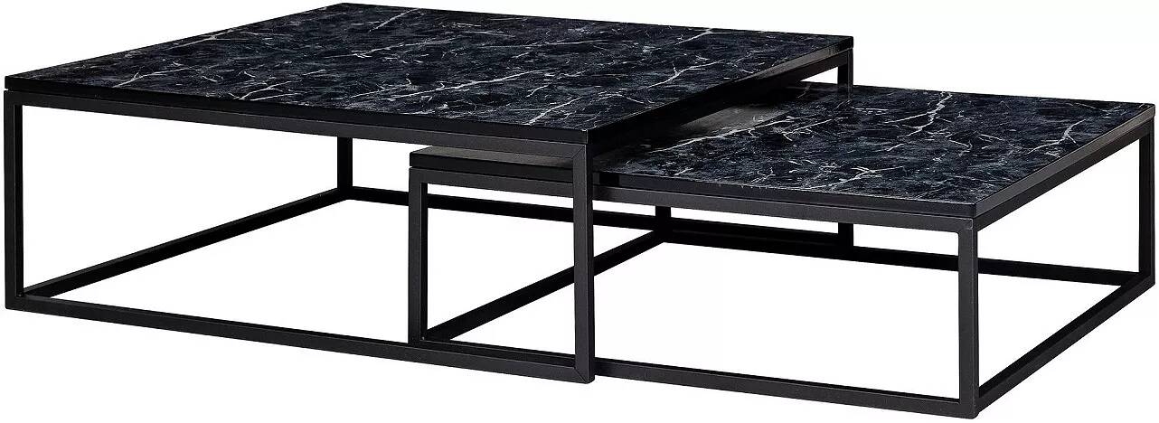 Table basse gigognes en aspect marbré noir et acier noir mat