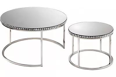 Set de 2 tables basses gigognes design en verre miroir et acier chromé
