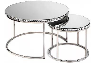 Set de 2 tables basses gigognes design en verre miroir et acier chromé
