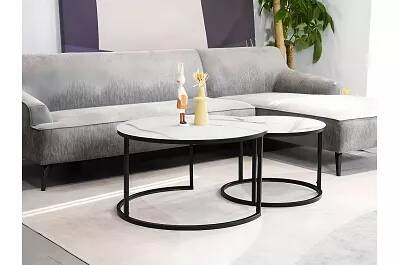 Set de 2 tables basses gigognes design en verre effet marbre blanc et métal noir mat