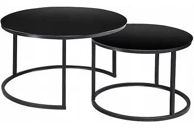 Set de 2 tables basses gigognes design en verre noir et métal noir mat