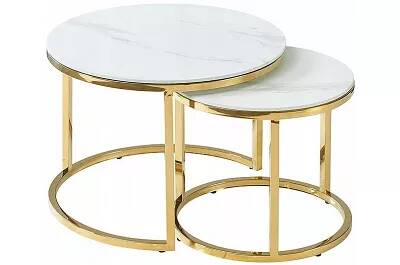 Set de 2 tables basses gigognes design en verre aspect marbre blanc et acier doré
