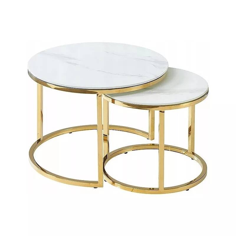 Set de 2 tables basses gigognes design en verre aspect marbre blanc et acier doré