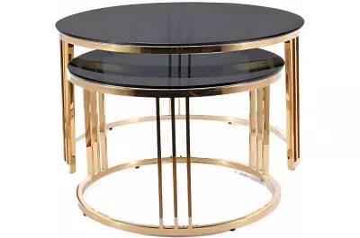 Set de 2 tables basses gigognes design en verre fumé et acier doré