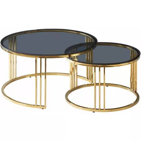 Set de 2 tables basses gigognes design en verre fumé et acier doré