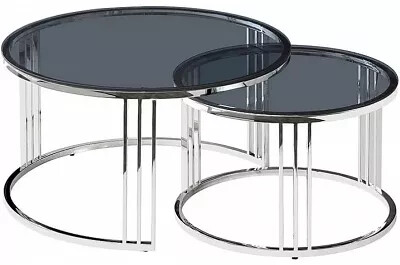 Set de 2 tables basses gigognes design en verre fumé et acier chromé