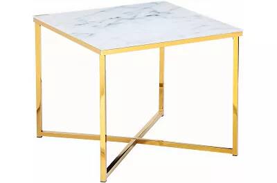 Table d'appoint en verre aspect marbre blanc et métal doré