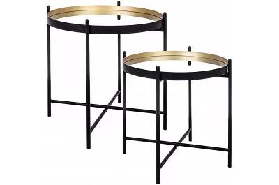 3552 - 128240 - Set de 2 tables d'appoint en acier noir et doré et verre effet miroir