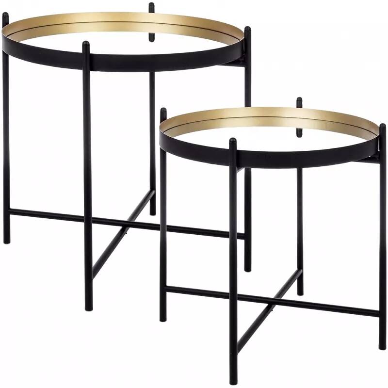 Set de 2 tables d'appoint en acier noir et doré et verre effet miroir