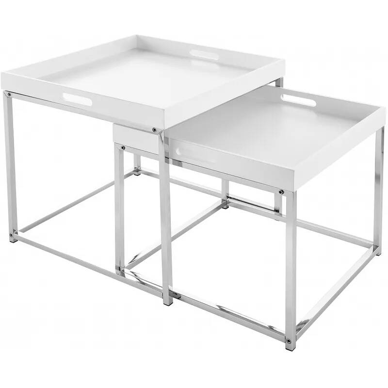 Set de 2 tables d'appoint avec plateau amovible blanc et métal chromé