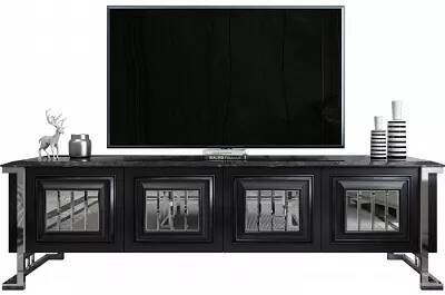 Meuble TV aspect marbre noir et acier chromé 4 portes