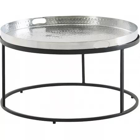 Table basse design en aluminium argenté et métal noir Ø62
