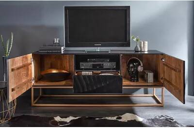 Meuble TV en bois massif manguier laqué noir 2 portes et 1 tiroir