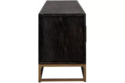 Meuble TV en bois chêne noir et acier laiton 4 portes et 2 compartiments ouverts