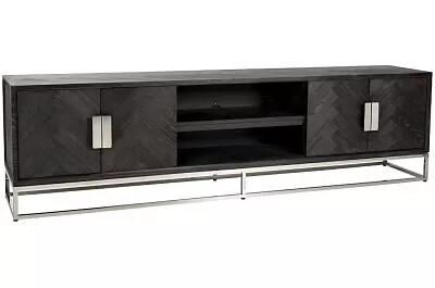 Meuble TV en bois chêne noir et acier chromé 4 portes et 2 compartiments ouverts