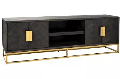 Meuble TV en bois chêne noir et acier doré 4 portes et 2 compartiments ouverts